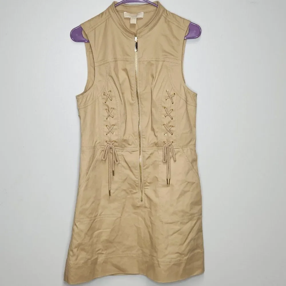 New NWT Michael Kors Women Zip Khaki Utility Tank Knee Length Dress Size Medium